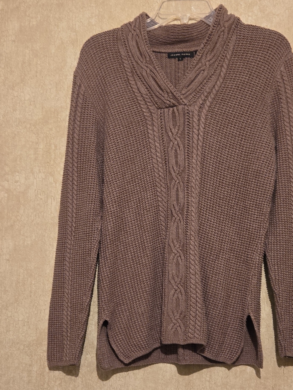 JEANNE PIERRE Taupe Cable-Front Cowl Neck Sweater